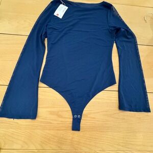 REORIA Mesh Bell Sleeve Bodysuit LG Navy Sheer Stretch Capsule Sheer Layering